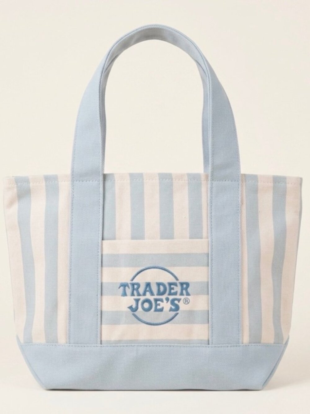 NWT Trader Joe's Mini Canvas Striped Tote Bag Sky Blue Pastel White - Picture 2 of 9